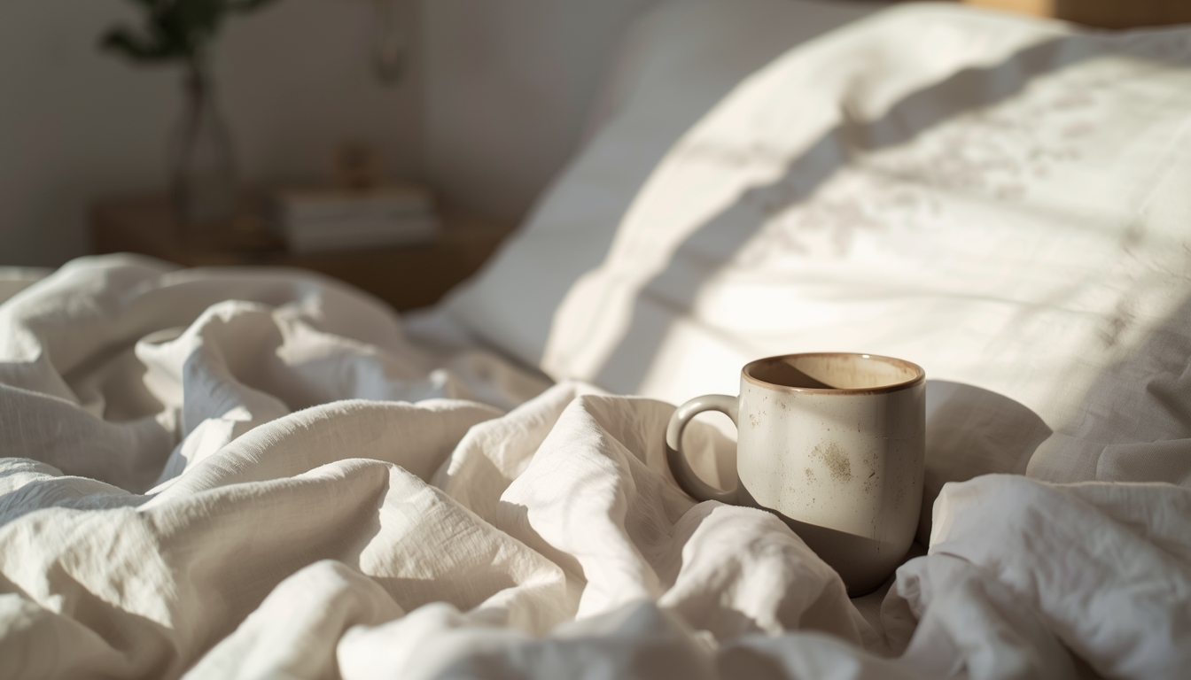 Soft morning light across a minimal bedside scene with linen and a ceramic cup