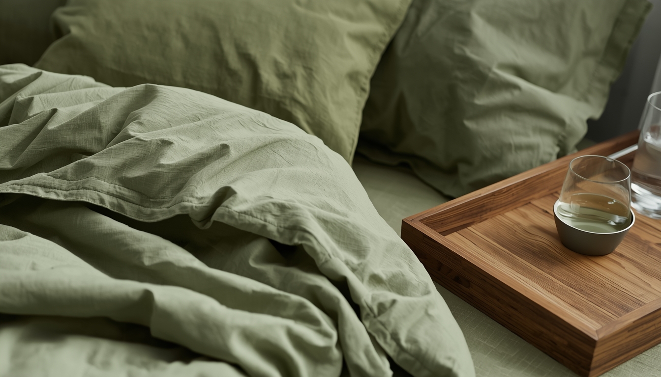 Close view of folded linen bedding in muted green tones beside a wooden tray