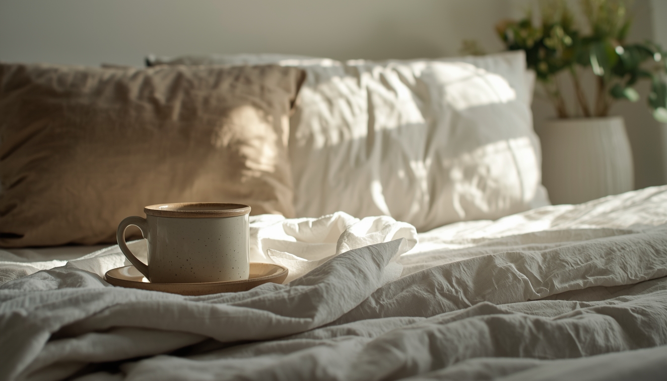 Morning bedside scene with soft light on linen and ceramics suggesting a completed sleep cycle