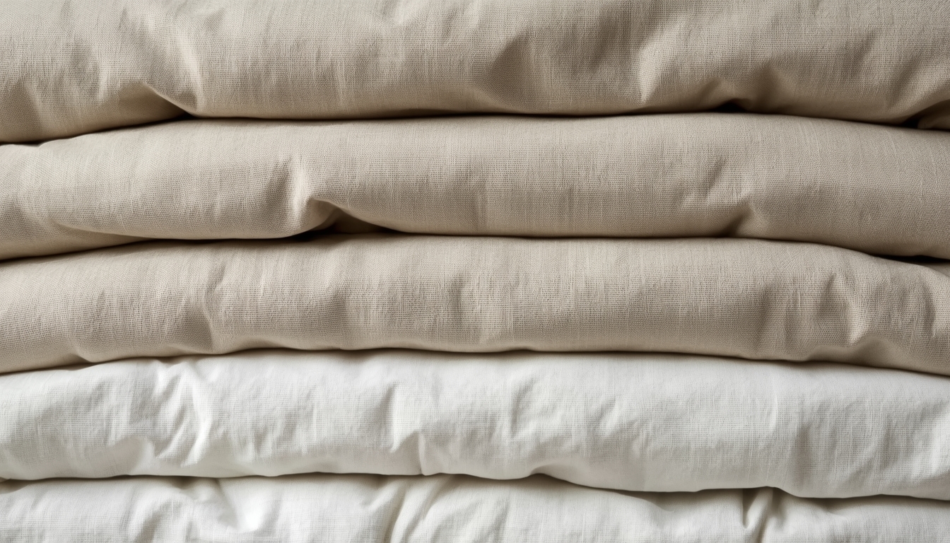 Folded linen bedding stack showing texture layers for temperature comfort