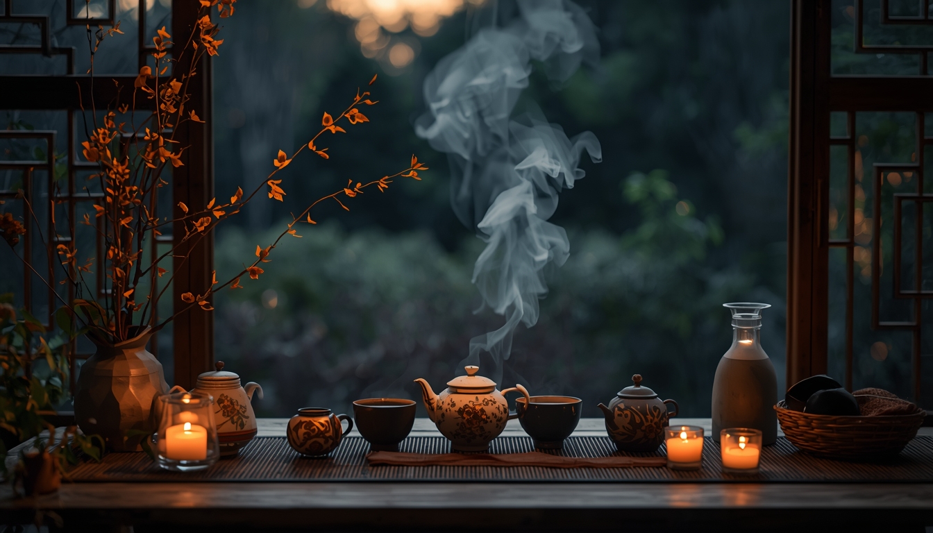 Evening herbal tea scene with ceramics echoing the dusk mist ritual